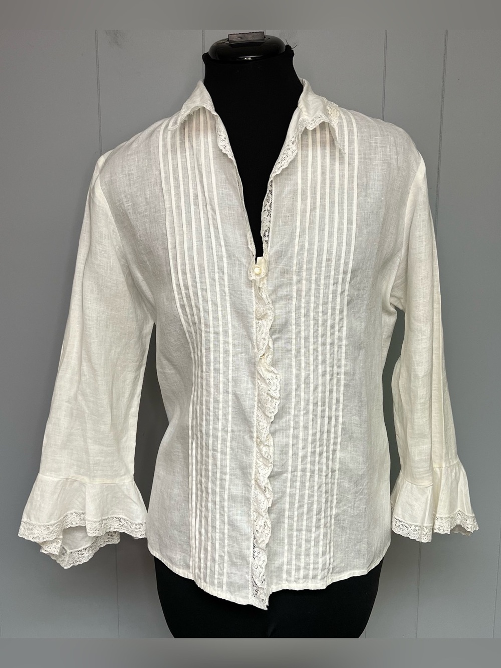 Lauren Ralph Lauren Linen Vintage Blouse Lace Pintuck Victorian Romantic Sz 8 - Picture 1 of 11